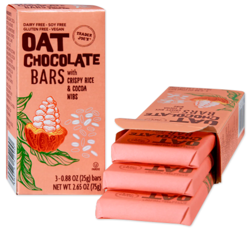 Trader Joe's Oat Chocolate Bars with Crispy Rice & Cocoa Nibs 2.65 oz (Pack of 4)