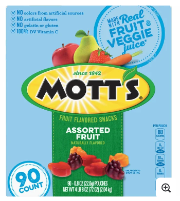 Mott's Fruit Snacks, Assorted Fruit, 0.8 oz, 90-count