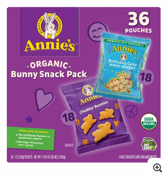 Annie's Organic Bunny Snack Pack Baked Crackers and Graham Snacks, 1.07 oz, Variety Pack, 36-count